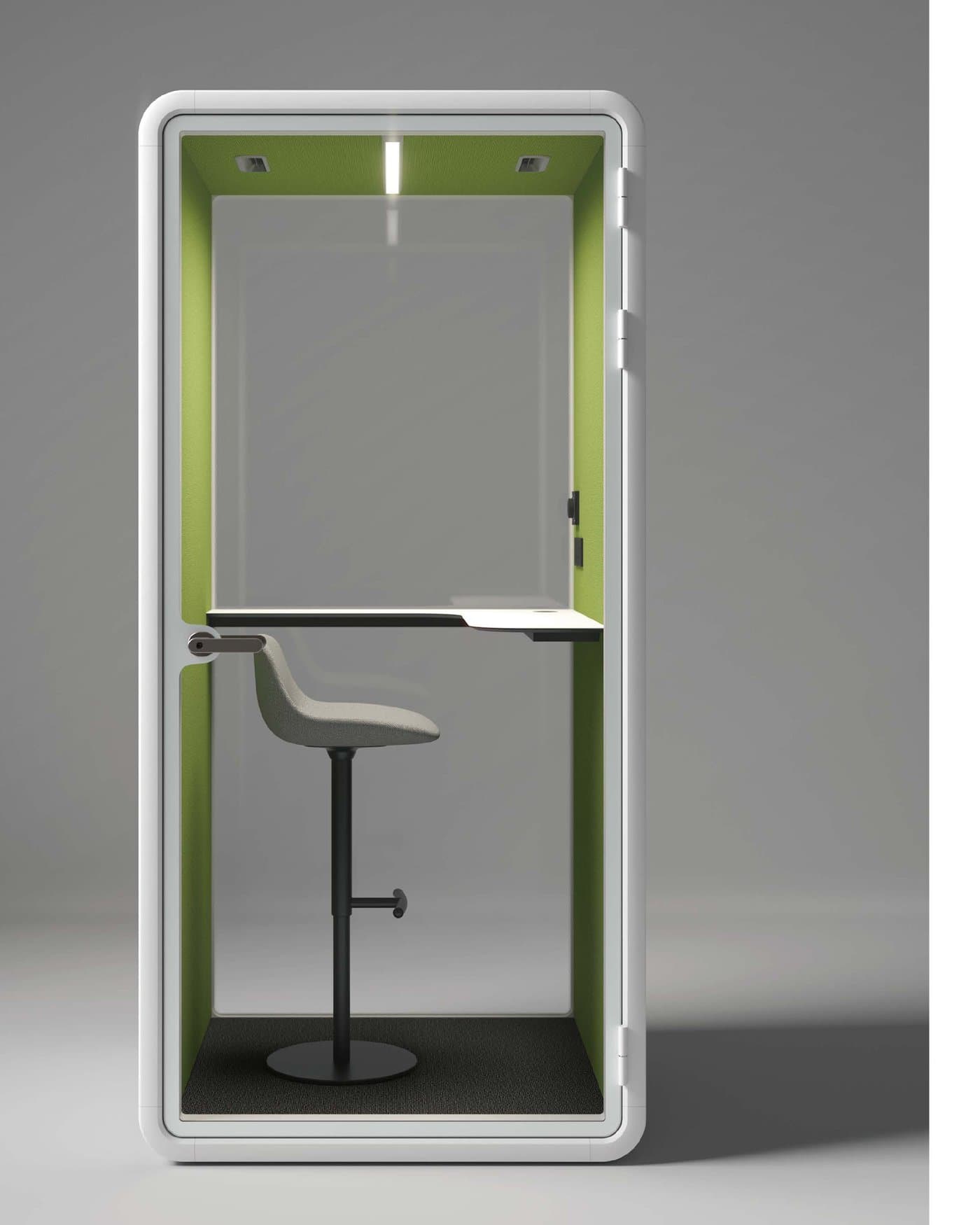 A freestanding single-person acoustic phone booth with a perch seat and worktop